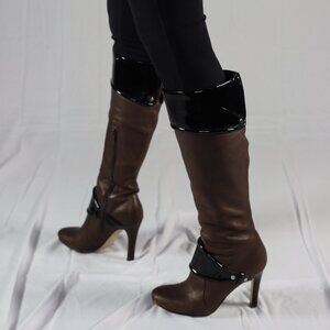 Nine West "TUBBS" Brown Leather and Black Patent Spike Heel Boots 6-1/2